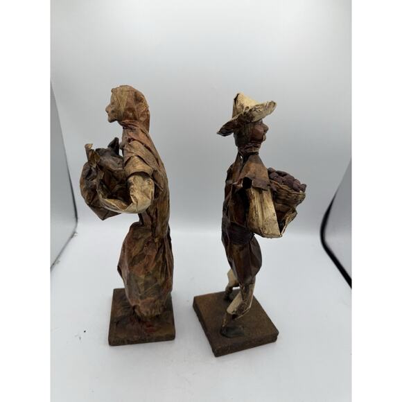 Mexican Folk Art Corn Husk Figurines Man & Woman Market Scene 12” Pair - Picture 8 of 11